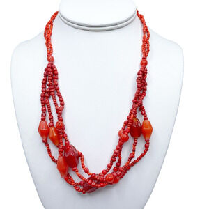 Multi Strand Orange Glass Hand Beaded Necklace Bright Vivid Pop of Color 18"